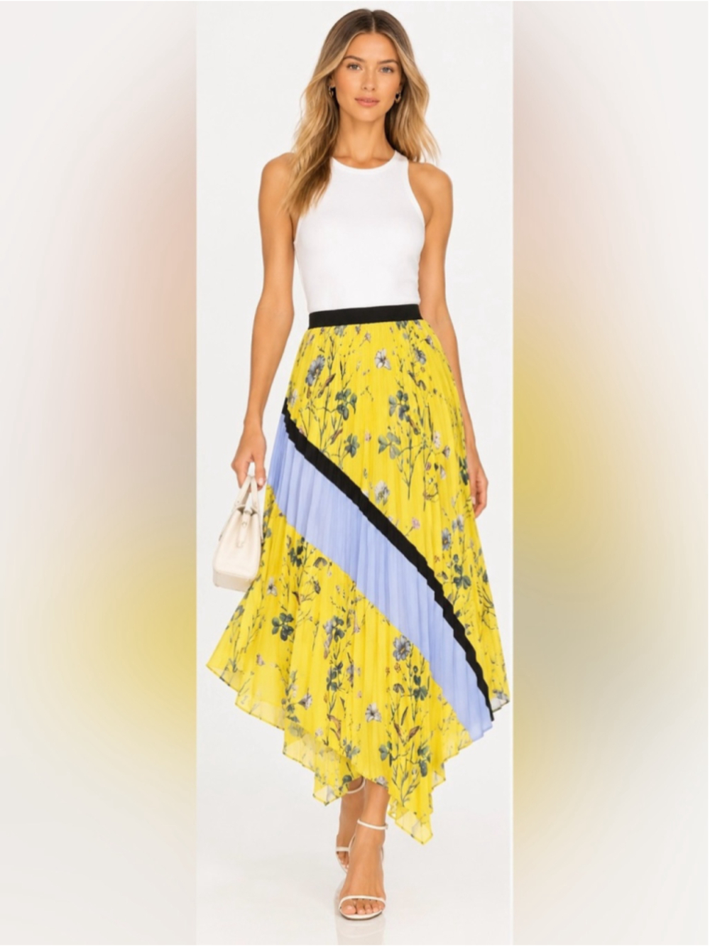 Self-Portrait Yellow Floral Pleated Asymmetrical Midi Maxi Skirt Blue Black